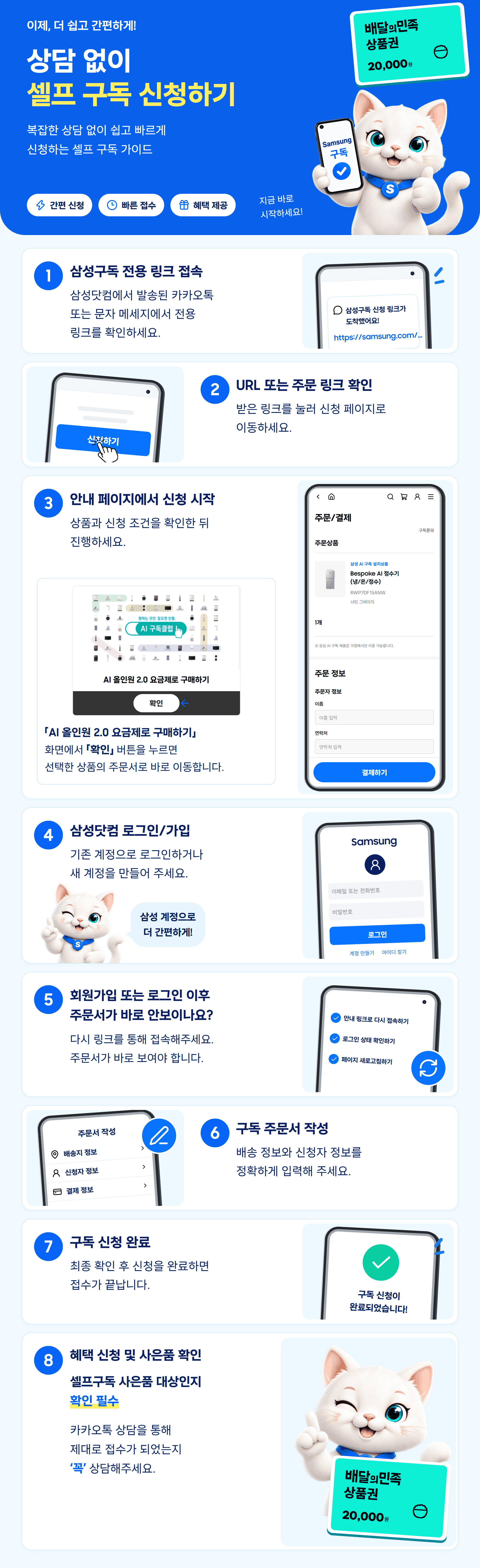 셀프 구독 신청하기, 상담 없이 진행하는 8단계 안내. 먼저 전용 링크 접속, 주문 링크 확인, RWP70F15ANW 모바일 주문 화면 확인, 삼성닷컴 로그인·가입, 주문서 재접속, 주문서 작성, 신청 완료, 사은품 대상 및 카카오톡 접수 확인. 배달의민족 상품권 2만원권 이미지가 함께 있습니다.
